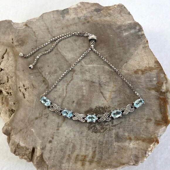 Sterling Silver 925 FAS Oval Blue Topaz XO Bolo Style Box Chain Tennis Bracelet - Picture 12 of 16